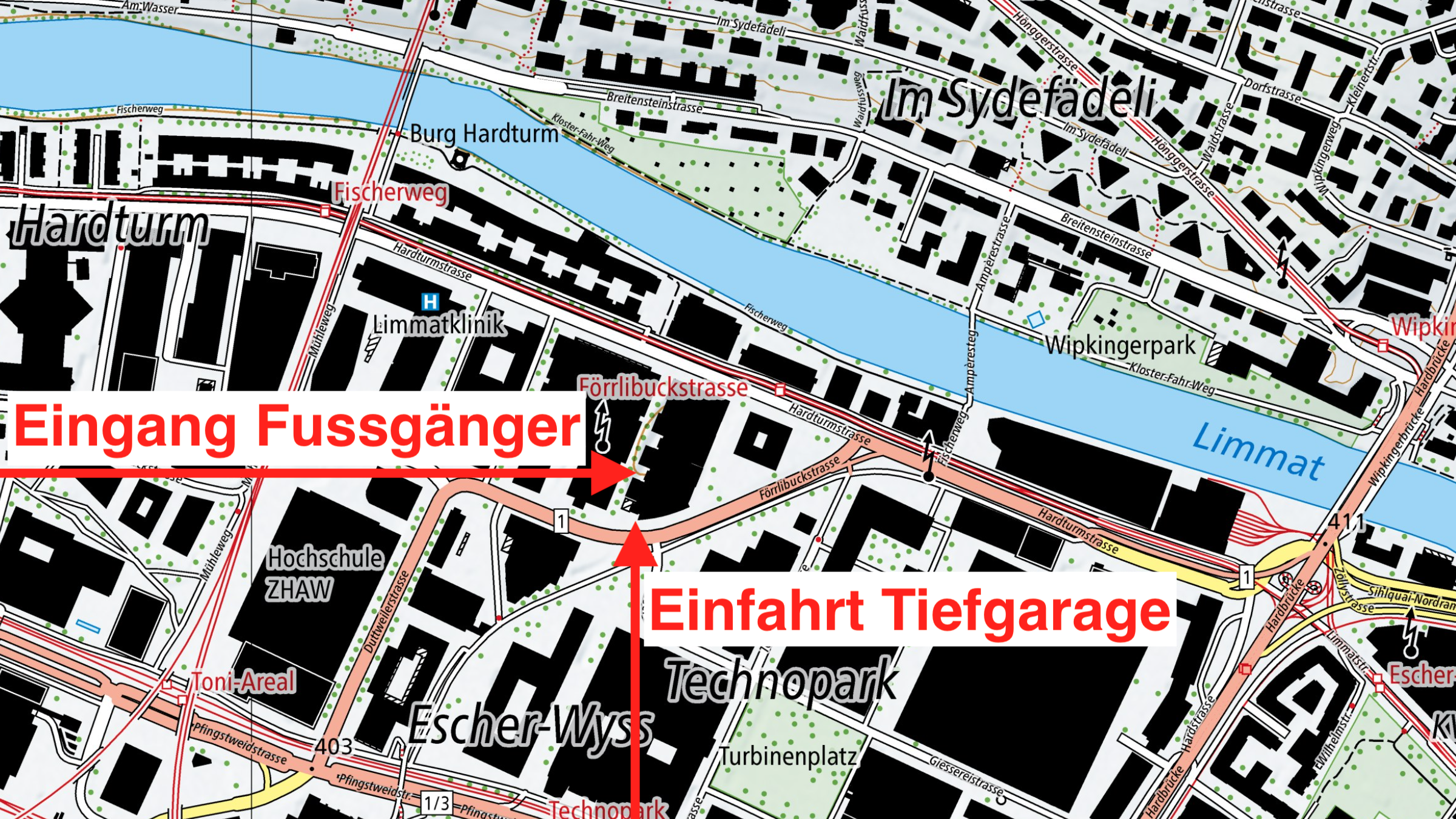 Karte mit dem Weg von der Haltestelle Förrlibuckstrasse zur Hardturmstrasse 105